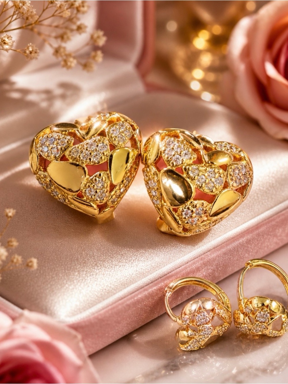 Gold Heart Cluster Pavé Stud Earrings - Women Jewelry
